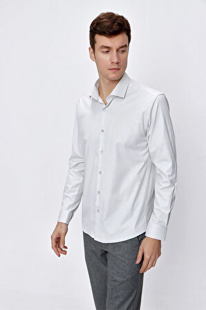  Erkek Kremrengi Saten Lycra Slim Fit Dar Kesim Gömlek