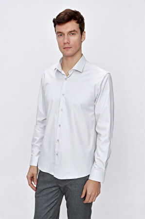  Erkek Kremrengi Saten Lycra Slim Fit Dar Kesim Gömlek