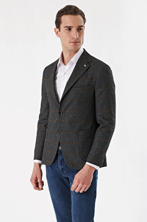  Erkek Füme Ekoseli Dokuma Slim Fit Dar Kesim Torba Cep Ceket
