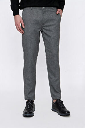  Erkek Gri Poliviskon Desenli Slim Fit Pantolon