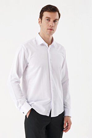  Erkek Beyaz Juliet Jakarlı  Manşetli Sert Yaka Slim Fit Gömlek