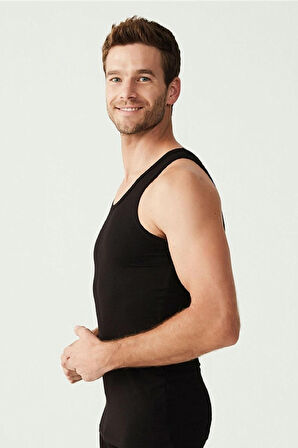  Erkek Siyah Basic Düz %100 Pamuk Atlet