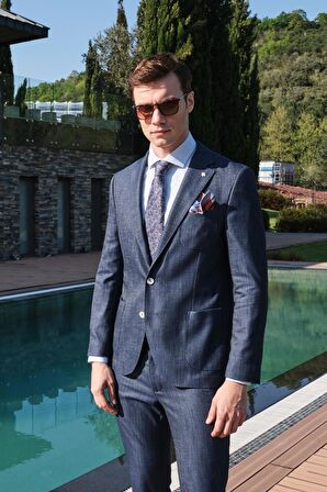  Erkek Lacivert Filafil Desenli Slim Fit Takım Elbise