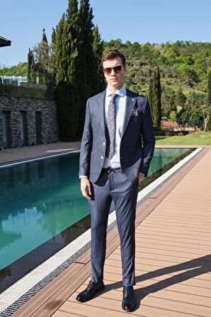  Erkek Lacivert Filafil Desenli Slim Fit Takım Elbise