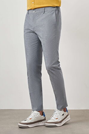  Erkek Lacivert Keten Desenli Yandan Lastikli Slim Fit Pantolon
