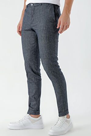  Erkek Lacivert Poliviskon-Keten Desenli Yandan Lastikli Slim Fit Pantolon