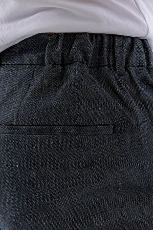  Erkek Lacivert Poliviskon-Keten Desenli Yandan Lastikli Slim Fit Pantolon