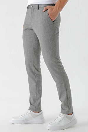  Erkek Siyah Bond Desenli Poliviskon-Keten Slim Fit Pantolon