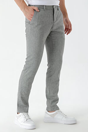  Erkek Siyah Bond Desenli Poliviskon-Keten Slim Fit Pantolon
