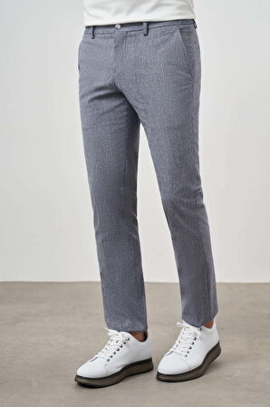  Erkek Lacivert Sawa Desenli Poliviskon-Keten Slim Fit Pantolon