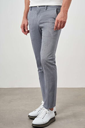  Erkek Lacivert Sawa Desenli Poliviskon-Keten Slim Fit Pantolon