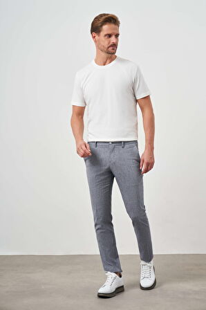  Erkek Lacivert Sawa Desenli Poliviskon-Keten Slim Fit Pantolon