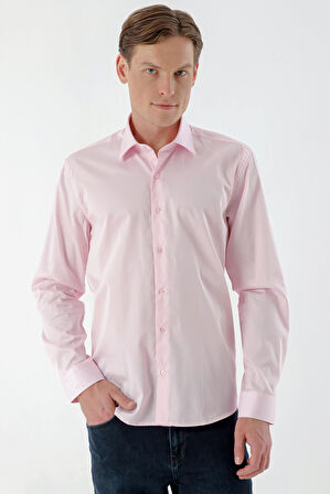  Erkek Pembe Pamuk Saten Düz Desen Slim Fit Gömlek