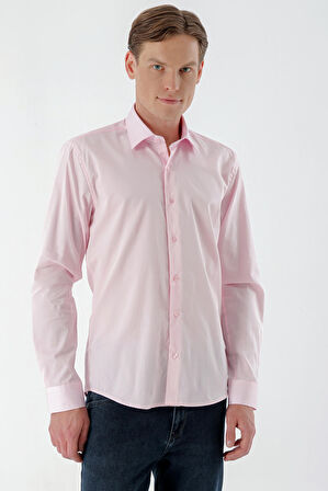  Erkek Pembe Pamuk Saten Düz Desen Slim Fit Gömlek