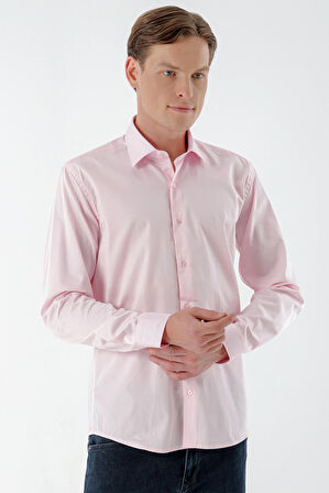  Erkek Pembe Pamuk Saten Düz Desen Slim Fit Gömlek