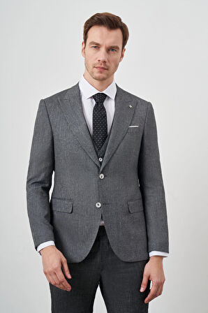  Erkek Siyah Keten Kombinli Slim Fit Takım Elbise