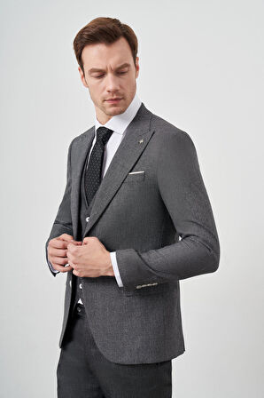  Erkek Siyah Keten Kombinli Slim Fit Takım Elbise