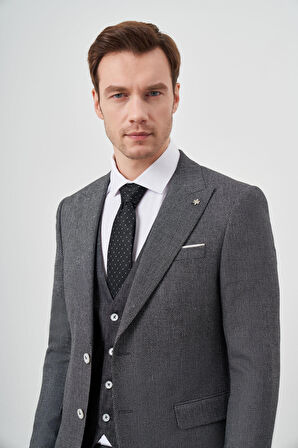  Erkek Siyah Keten Kombinli Slim Fit Takım Elbise