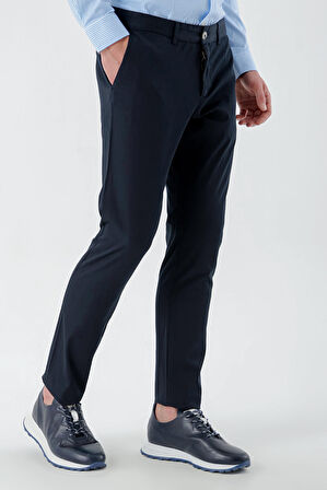  Erkek Lacivert Piefti Pamuk Yan Cep Slim Fit Chino Pantolon