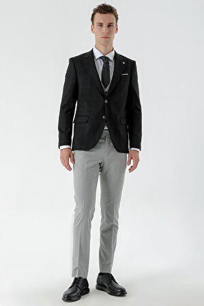  Erkek Siyah Kareli Kombinli Slim Fit Takım Elbise