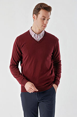 Erkek Koyu Bordo Basic V Yaka Dynamic Fit Rahat Kesim Triko