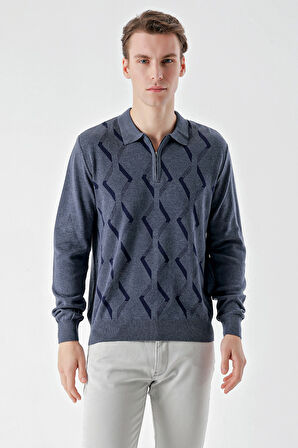  Erkek İndigo Trend Kilim Desen Fermuarlı Polo Yaka Dynamic Fit Rahat Kesim Triko