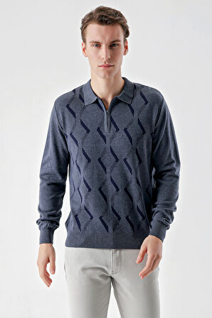  Erkek İndigo Trend Kilim Desen Fermuarlı Polo Yaka Dynamic Fit Rahat Kesim Triko