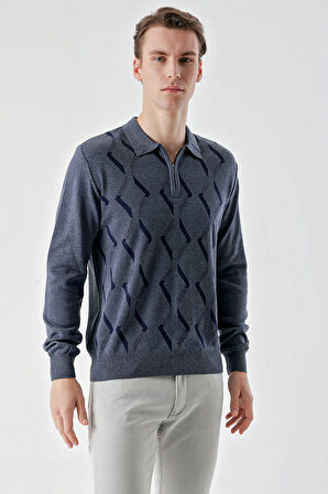  Erkek İndigo Trend Kilim Desen Fermuarlı Polo Yaka Dynamic Fit Rahat Kesim Triko