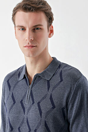  Erkek İndigo Trend Kilim Desen Fermuarlı Polo Yaka Dynamic Fit Rahat Kesim Triko