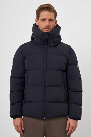  Erkek Lacivert Moesta Fermuarlı Kapüşonlu Dynamic Fit Rahat Kesim Mont