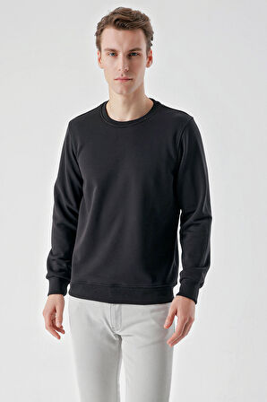  Erkek Siyah Basic Bisiklet Yaka Sweat-Shirt