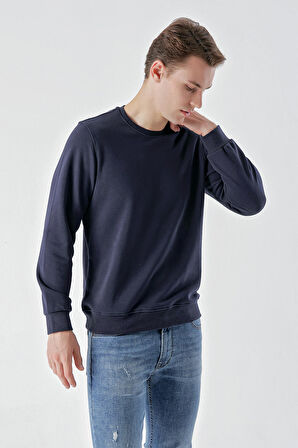  Erkek Lacivert Basic Bisiklet Yaka Sweat-Shirt