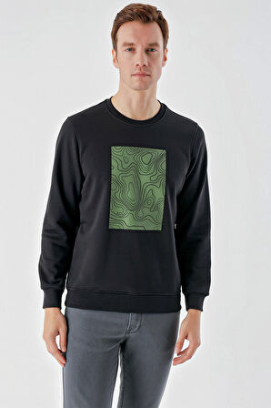  Erkek Siyah Trend Bisiklet Yaka Sweat-Shirt