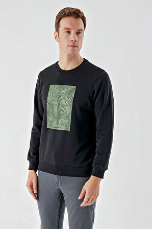  Erkek Siyah Trend Bisiklet Yaka Sweat-Shirt