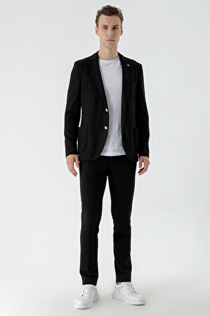  Erkek Siyah Poliviskon Trend Desenli Slim Fit Mono Yaka Takım Elbise