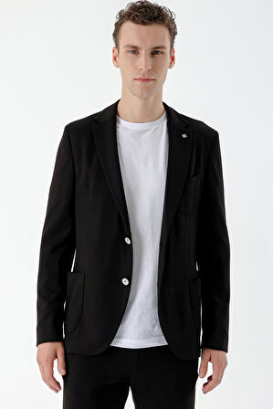  Erkek Siyah Poliviskon Trend Desenli Slim Fit Mono Yaka Takım Elbise