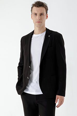  Erkek Siyah Poliviskon Trend Desenli Slim Fit Mono Yaka Takım Elbise