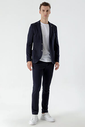  Erkek Lacivert Poliviskon Trend Desenli Slim Fit Mono Yaka Takım Elbise