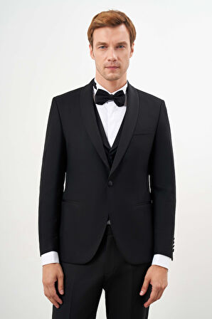  Erkek Siyah Poliviskon Ceromonia Santorini Slim Fit Şal Yaka Damatlık