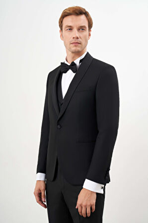  Erkek Siyah Poliviskon Ceromonia Santorini Slim Fit Şal Yaka Damatlık