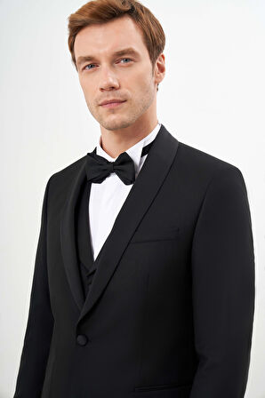  Erkek Siyah Poliviskon Ceromonia Santorini Slim Fit Şal Yaka Damatlık