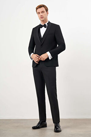  Erkek Siyah Poliviskon Ceromonia Santorini Slim Fit Şal Yaka Damatlık