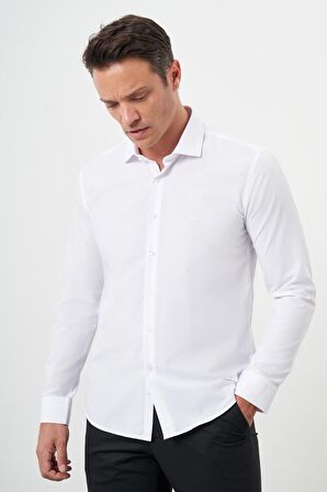  Erkek Beyaz Basic Düz Desen İtalyan Yaka Slim Fit Gömlek