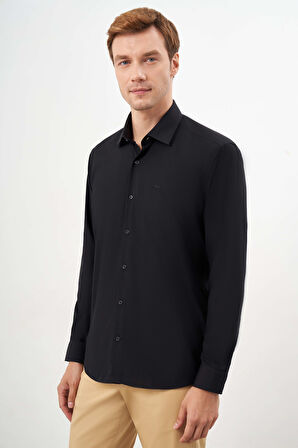  Erkek Siyah Basic Düz Desen Sert Yaka Regular Fit Gömlek