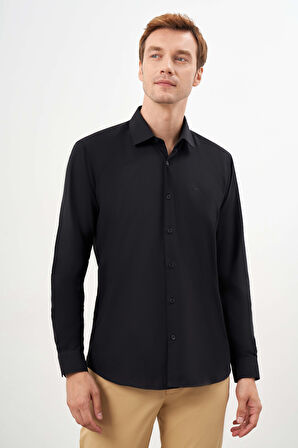  Erkek Siyah Basic Düz Desen Sert Yaka Regular Fit Gömlek