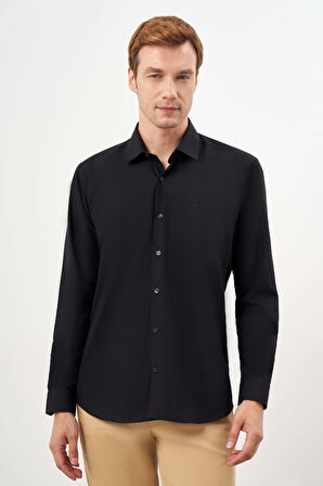  Erkek Siyah Basic Düz Desen Sert Yaka Regular Fit Gömlek