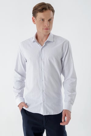  Erkek Beyaz Trend Çizgili Panolu İtalyan Yaka Slim Fit Gömlek
