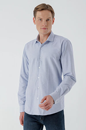  Erkek Mavi Trend Baskılı Desenli İtalyan Yaka Slim Fit Gömlek