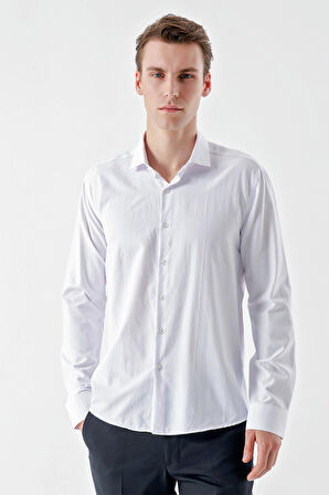  Erkek Beyaz Trend Baskılı Desenli İtalyan Yaka Slim Fit Gömlek