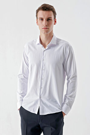  Erkek Beyaz Trend Baskılı Desenli İtalyan Yaka Slim Fit Gömlek